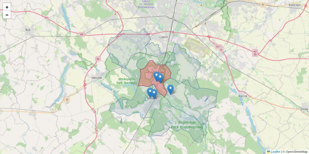 Szczegółowa mapa kodu pocztowego 62-040 z granicami, sąsiednimi kodami pocztowymi i urzędami pocztowymi