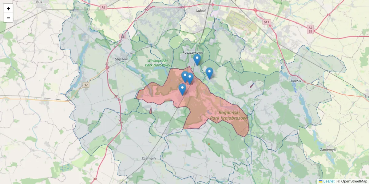 Szczegółowa mapa kodu pocztowego 62-050 z granicami, sąsiednimi kodami pocztowymi i urzędami pocztowymi