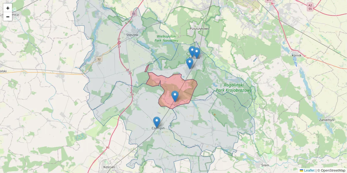 Szczegółowa mapa kodu pocztowego 62-053 z granicami, sąsiednimi kodami pocztowymi i urzędami pocztowymi
