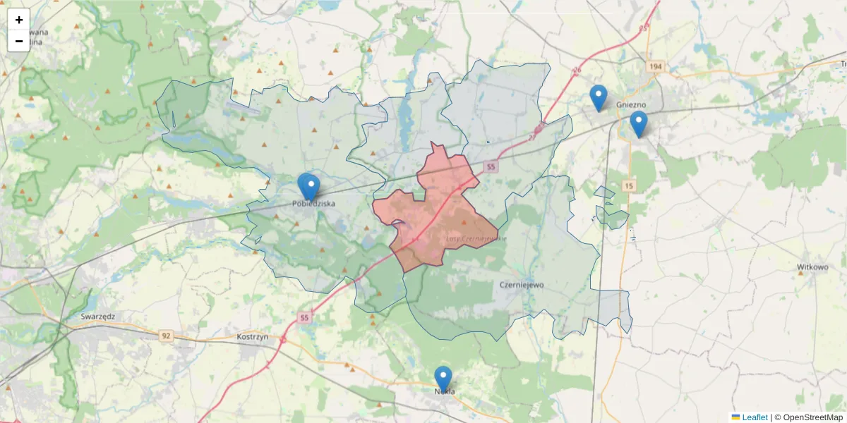 Szczegółowa mapa kodu pocztowego 62-262 z granicami, sąsiednimi kodami pocztowymi i urzędami pocztowymi