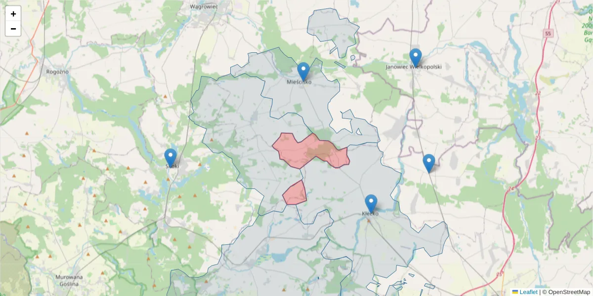 Szczegółowa mapa kodu pocztowego 62-292 z granicami, sąsiednimi kodami pocztowymi i urzędami pocztowymi