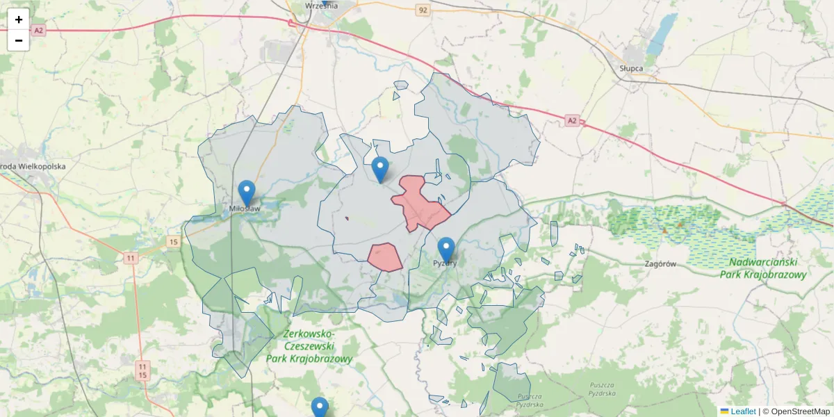 Szczegółowa mapa kodu pocztowego 62-307 z granicami, sąsiednimi kodami pocztowymi i urzędami pocztowymi