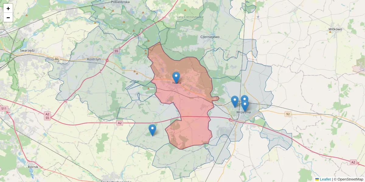 Szczegółowa mapa kodu pocztowego 62-330 z granicami, sąsiednimi kodami pocztowymi i urzędami pocztowymi