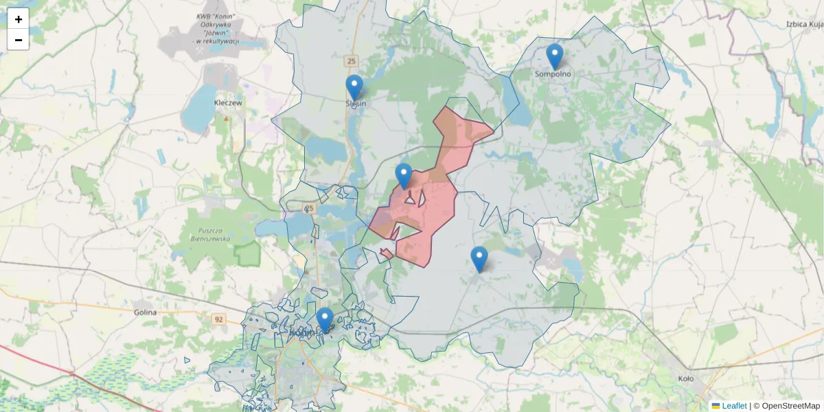 Szczegółowa mapa kodu pocztowego 62-563 z granicami, sąsiednimi kodami pocztowymi i urzędami pocztowymi