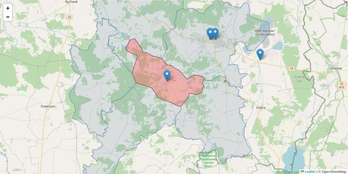 Szczegółowa mapa kodu pocztowego 62-709 z granicami, sąsiednimi kodami pocztowymi i urzędami pocztowymi