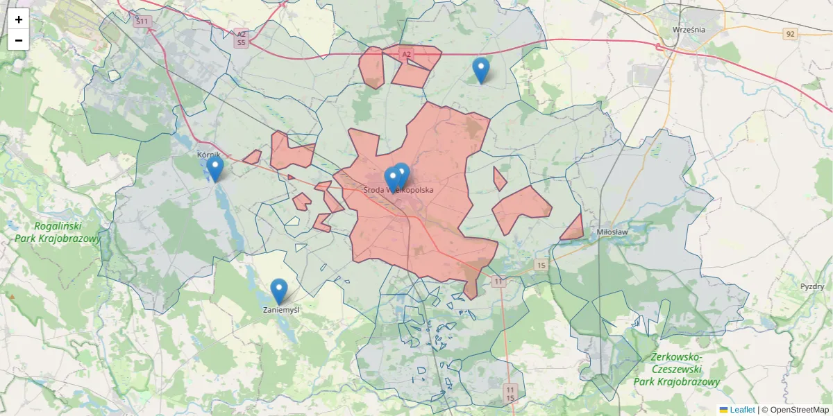 Szczegółowa mapa kodu pocztowego 63-000 z granicami, sąsiednimi kodami pocztowymi i urzędami pocztowymi