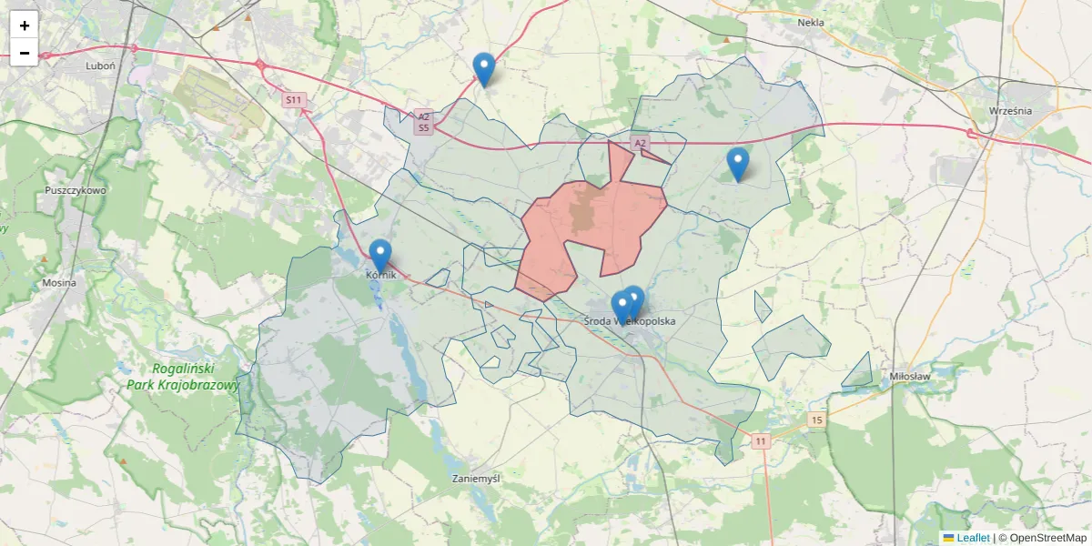 Szczegółowa mapa kodu pocztowego 63-011 z granicami, sąsiednimi kodami pocztowymi i urzędami pocztowymi