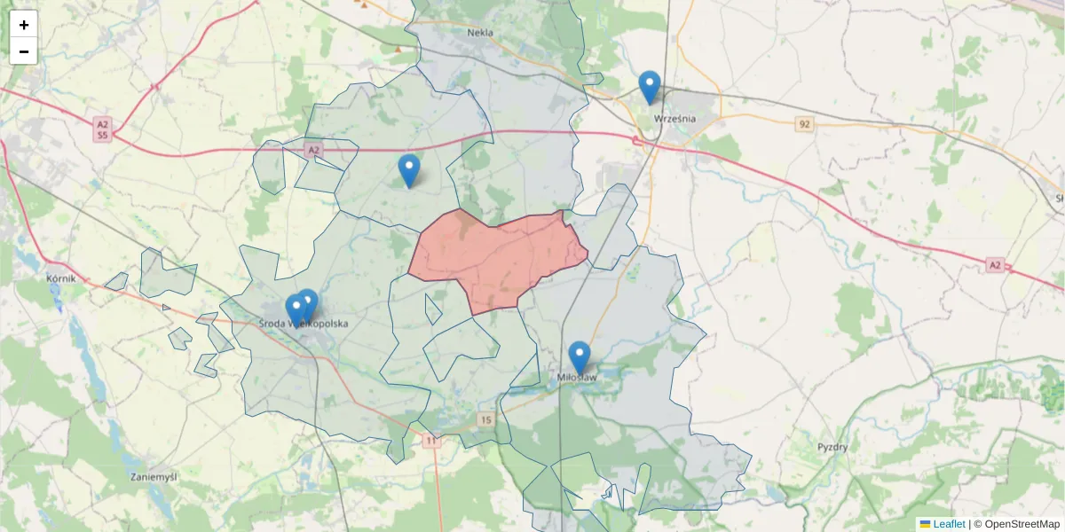Szczegółowa mapa kodu pocztowego 63-014 z granicami, sąsiednimi kodami pocztowymi i urzędami pocztowymi