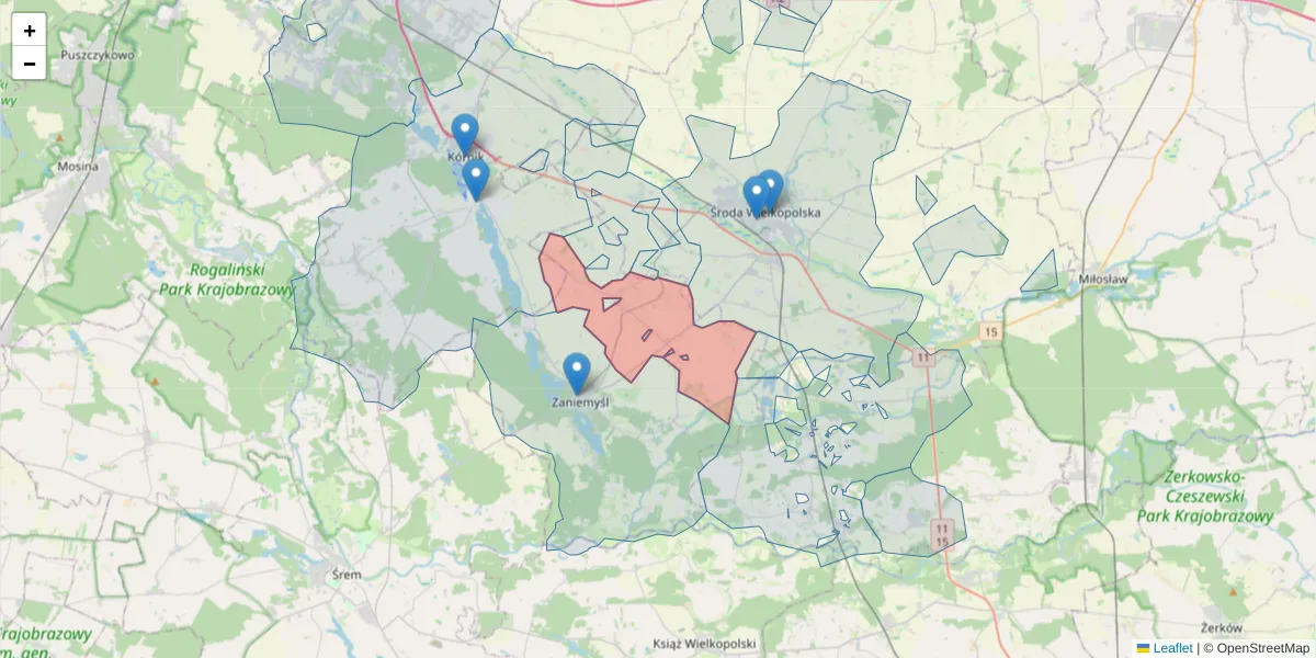 Szczegółowa mapa kodu pocztowego 63-021 z granicami, sąsiednimi kodami pocztowymi i urzędami pocztowymi