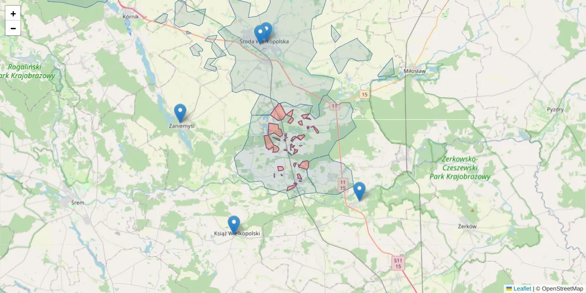 Szczegółowa mapa kodu pocztowego 63-023 z granicami, sąsiednimi kodami pocztowymi i urzędami pocztowymi