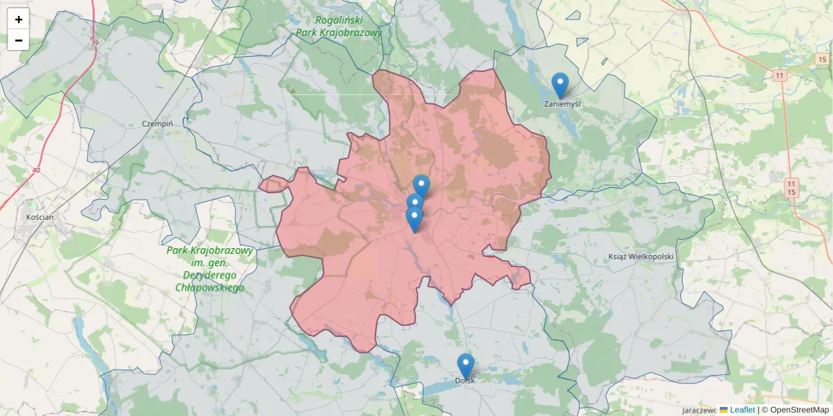 Szczegółowa mapa kodu pocztowego 63-100 z granicami, sąsiednimi kodami pocztowymi i urzędami pocztowymi