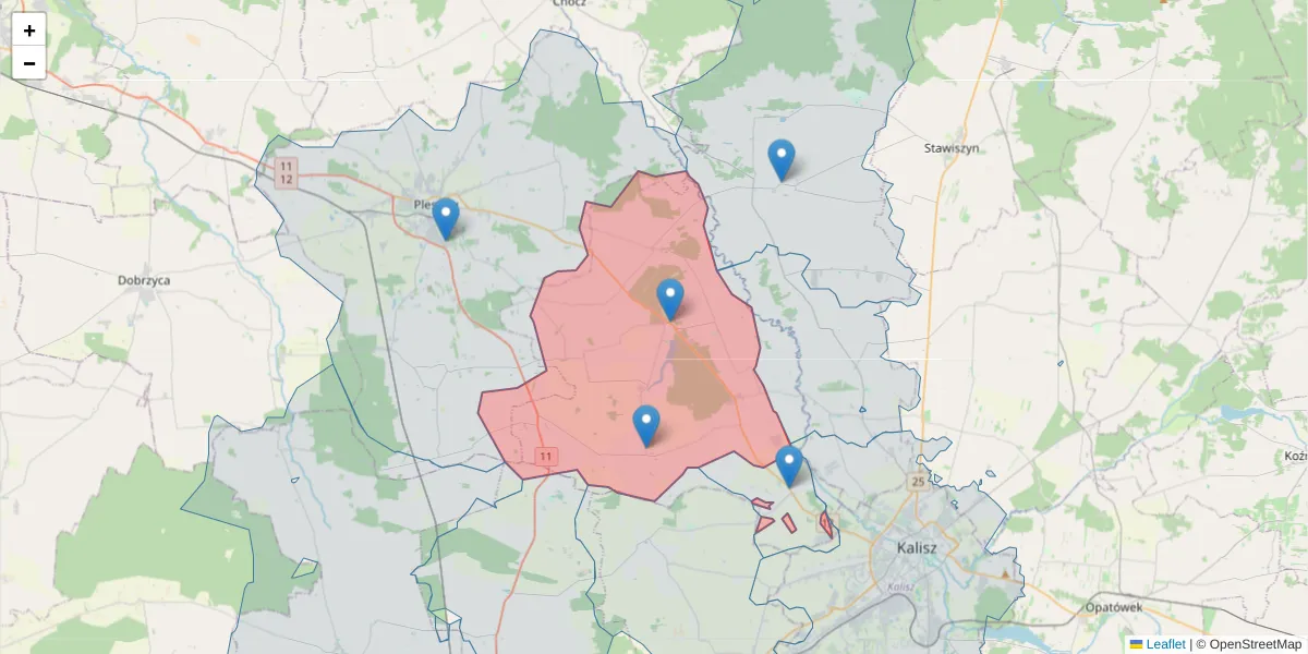 Szczegółowa mapa kodu pocztowego 63-322 z granicami, sąsiednimi kodami pocztowymi i urzędami pocztowymi