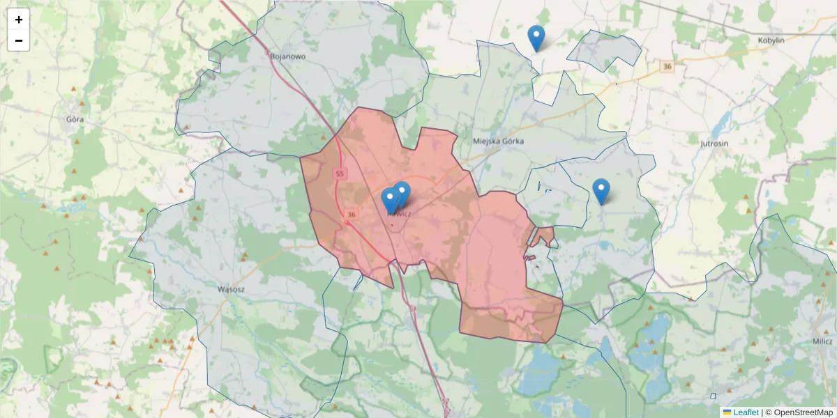 Szczegółowa mapa kodu pocztowego 63-900 z granicami, sąsiednimi kodami pocztowymi i urzędami pocztowymi