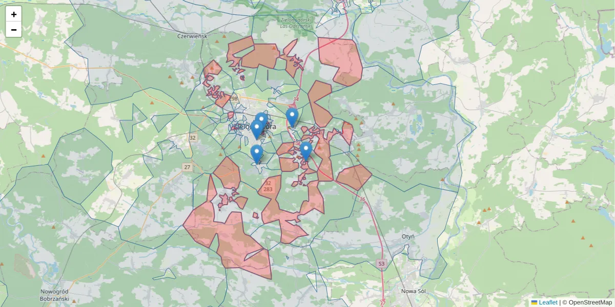 Szczegółowa mapa kodu pocztowego 65-001 z granicami, sąsiednimi kodami pocztowymi i urzędami pocztowymi