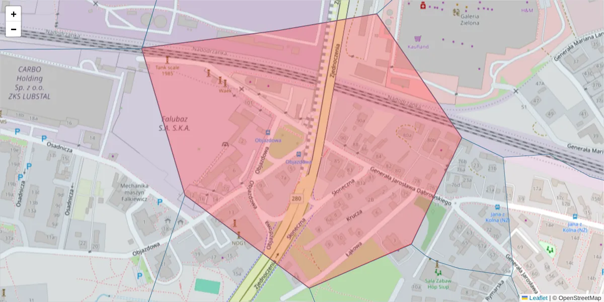 Szczegółowa mapa kodu pocztowego 65-003 z granicami, sąsiednimi kodami pocztowymi i urzędami pocztowymi