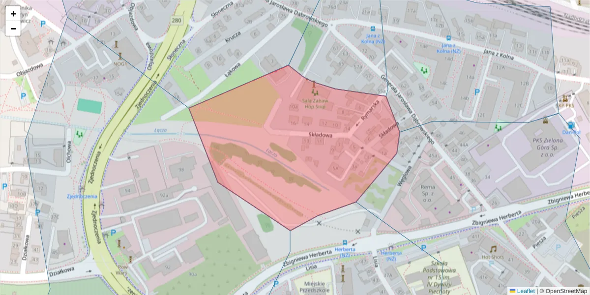 Szczegółowa mapa kodu pocztowego 65-010 z granicami, sąsiednimi kodami pocztowymi i urzędami pocztowymi