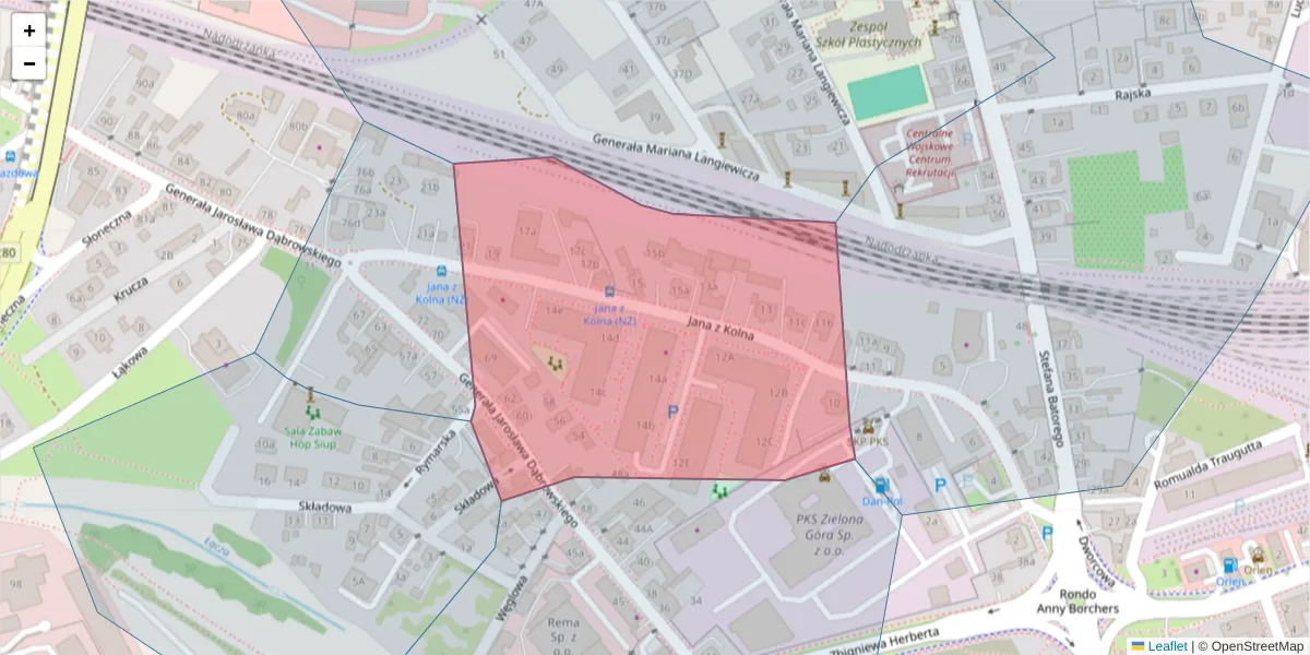 Szczegółowa mapa kodu pocztowego 65-014 z granicami, sąsiednimi kodami pocztowymi i urzędami pocztowymi