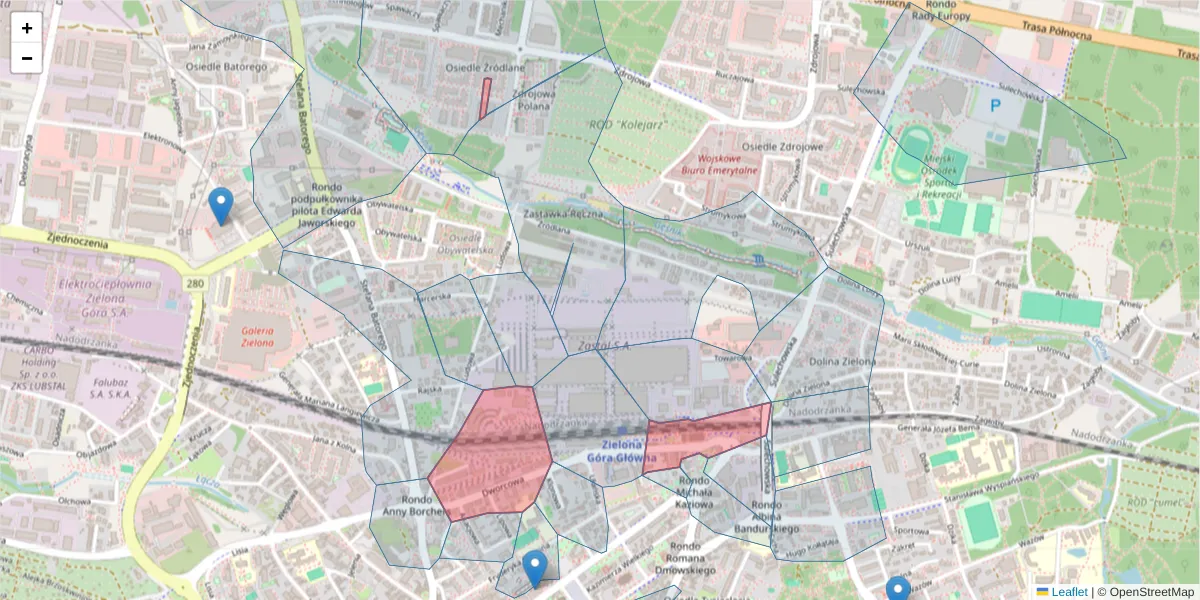 Szczegółowa mapa kodu pocztowego 65-019 z granicami, sąsiednimi kodami pocztowymi i urzędami pocztowymi