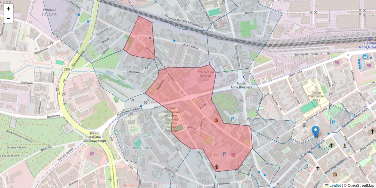 Szczegółowa mapa kodu pocztowego 65-021 z granicami, sąsiednimi kodami pocztowymi i urzędami pocztowymi