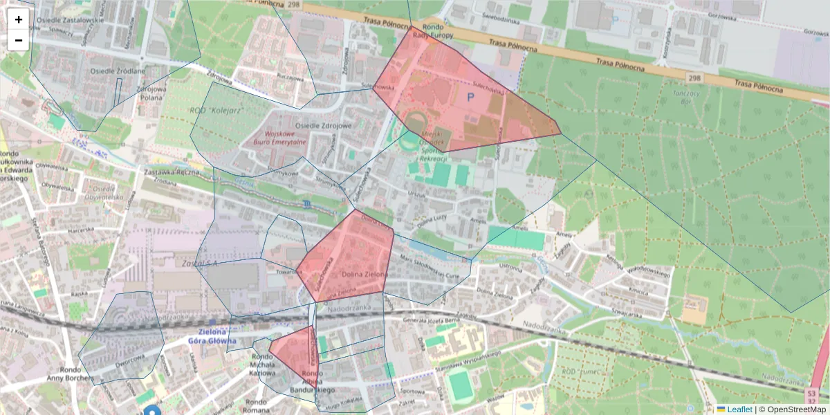 Szczegółowa mapa kodu pocztowego 65-022 z granicami, sąsiednimi kodami pocztowymi i urzędami pocztowymi