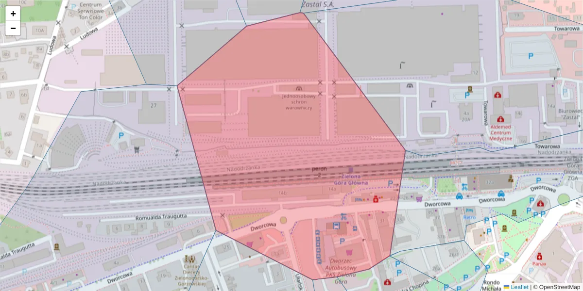 Szczegółowa mapa kodu pocztowego 65-024 z granicami, sąsiednimi kodami pocztowymi i urzędami pocztowymi
