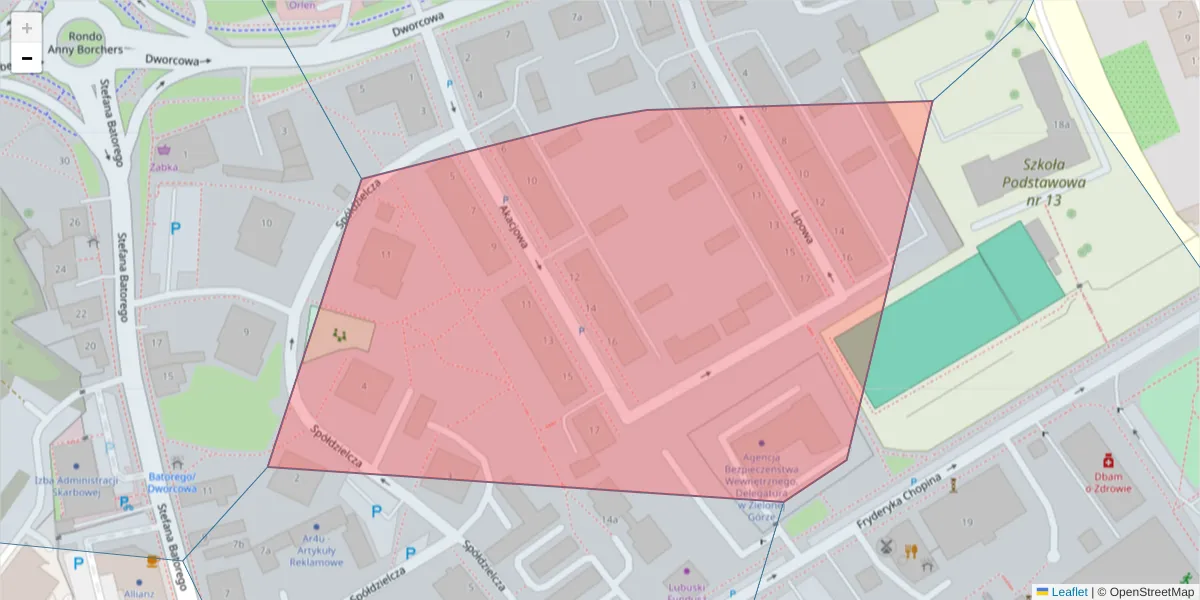 Szczegółowa mapa kodu pocztowego 65-027 z granicami, sąsiednimi kodami pocztowymi i urzędami pocztowymi