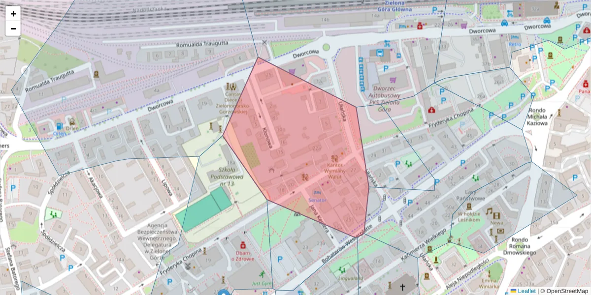 Szczegółowa mapa kodu pocztowego 65-033 z granicami, sąsiednimi kodami pocztowymi i urzędami pocztowymi
