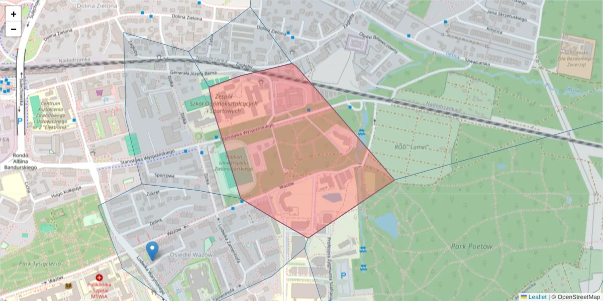 Szczegółowa mapa kodu pocztowego 65-036 z granicami, sąsiednimi kodami pocztowymi i urzędami pocztowymi