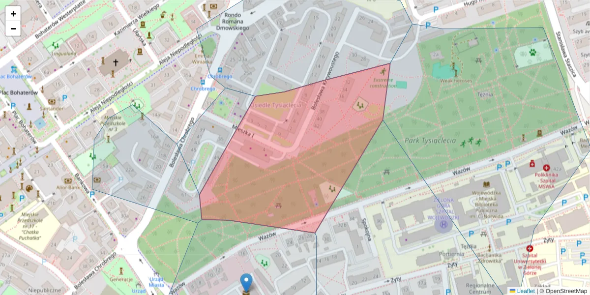 Szczegółowa mapa kodu pocztowego 65-040 z granicami, sąsiednimi kodami pocztowymi i urzędami pocztowymi