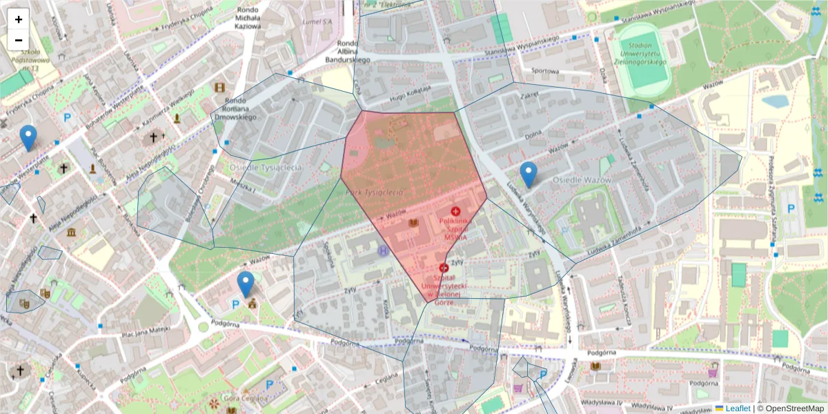 Szczegółowa mapa kodu pocztowego 65-044 z granicami, sąsiednimi kodami pocztowymi i urzędami pocztowymi