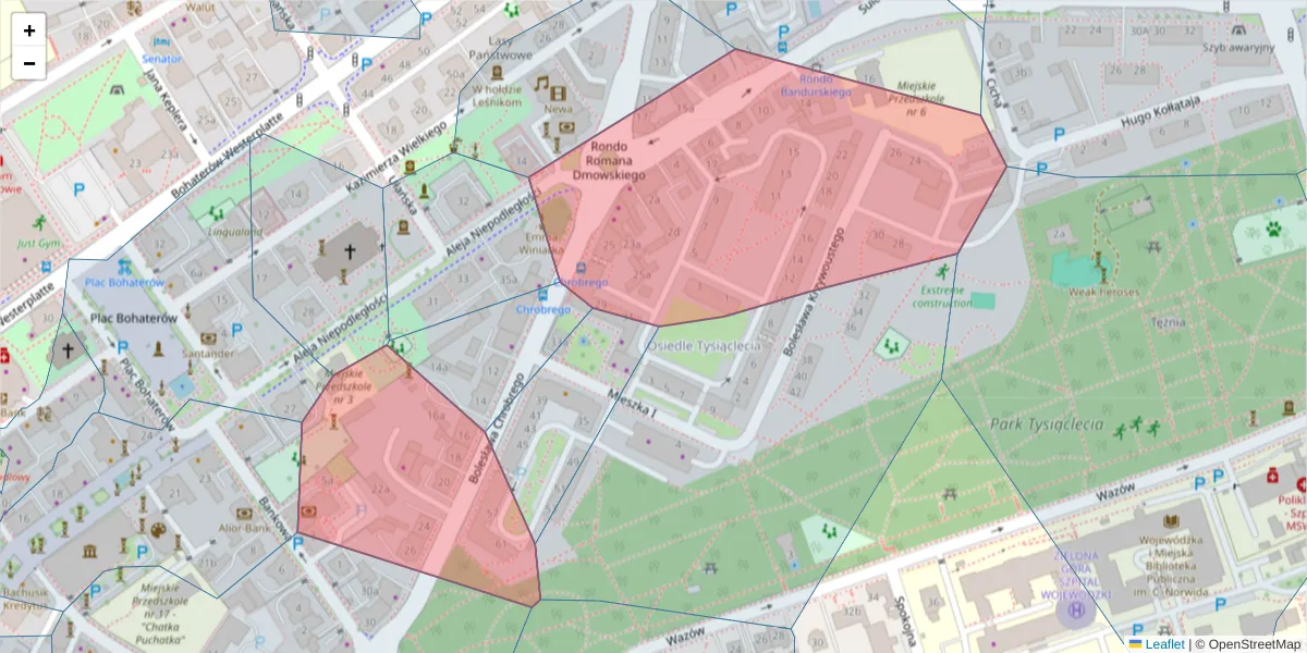 Szczegółowa mapa kodu pocztowego 65-052 z granicami, sąsiednimi kodami pocztowymi i urzędami pocztowymi