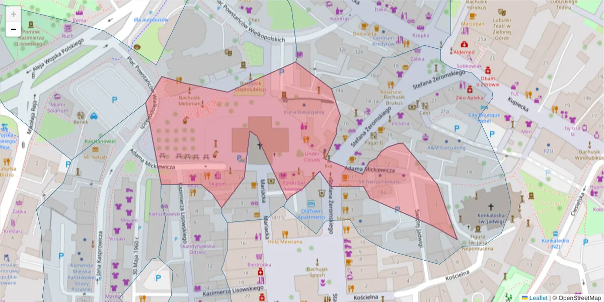 Szczegółowa mapa kodu pocztowego 65-053 z granicami, sąsiednimi kodami pocztowymi i urzędami pocztowymi