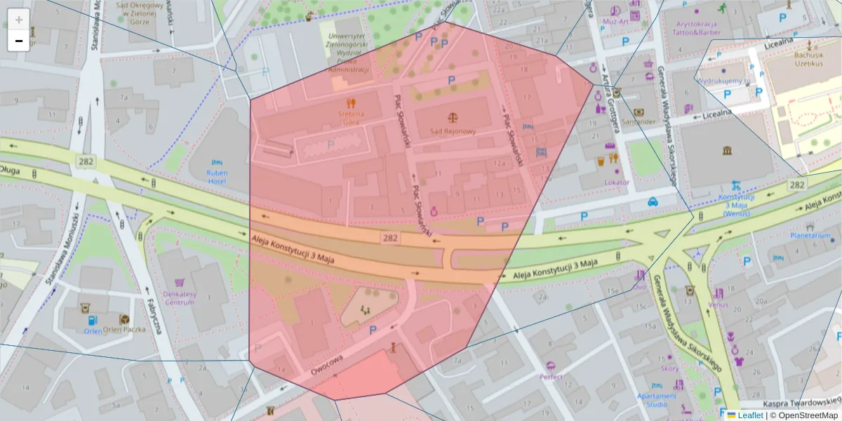 Szczegółowa mapa kodu pocztowego 65-069 z granicami, sąsiednimi kodami pocztowymi i urzędami pocztowymi