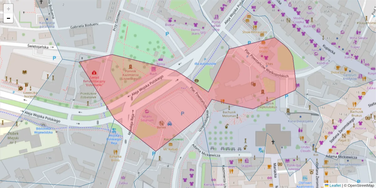 Szczegółowa mapa kodu pocztowego 65-075 z granicami, sąsiednimi kodami pocztowymi i urzędami pocztowymi