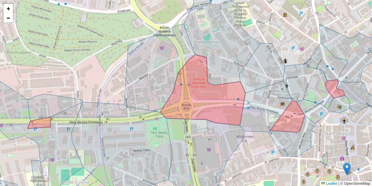 Szczegółowa mapa kodu pocztowego 65-077 z granicami, sąsiednimi kodami pocztowymi i urzędami pocztowymi