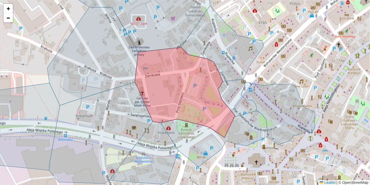 Szczegółowa mapa kodu pocztowego 65-087 z granicami, sąsiednimi kodami pocztowymi i urzędami pocztowymi