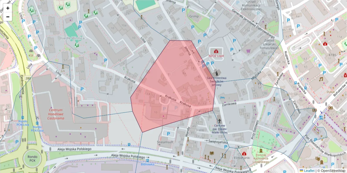 Szczegółowa mapa kodu pocztowego 65-094 z granicami, sąsiednimi kodami pocztowymi i urzędami pocztowymi