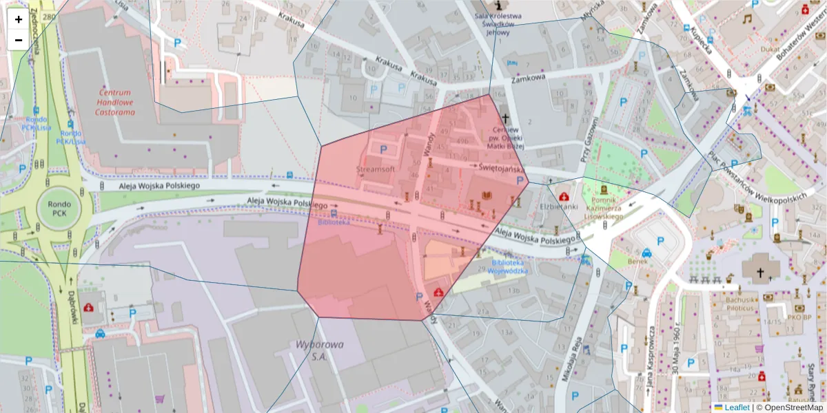 Szczegółowa mapa kodu pocztowego 65-095 z granicami, sąsiednimi kodami pocztowymi i urzędami pocztowymi