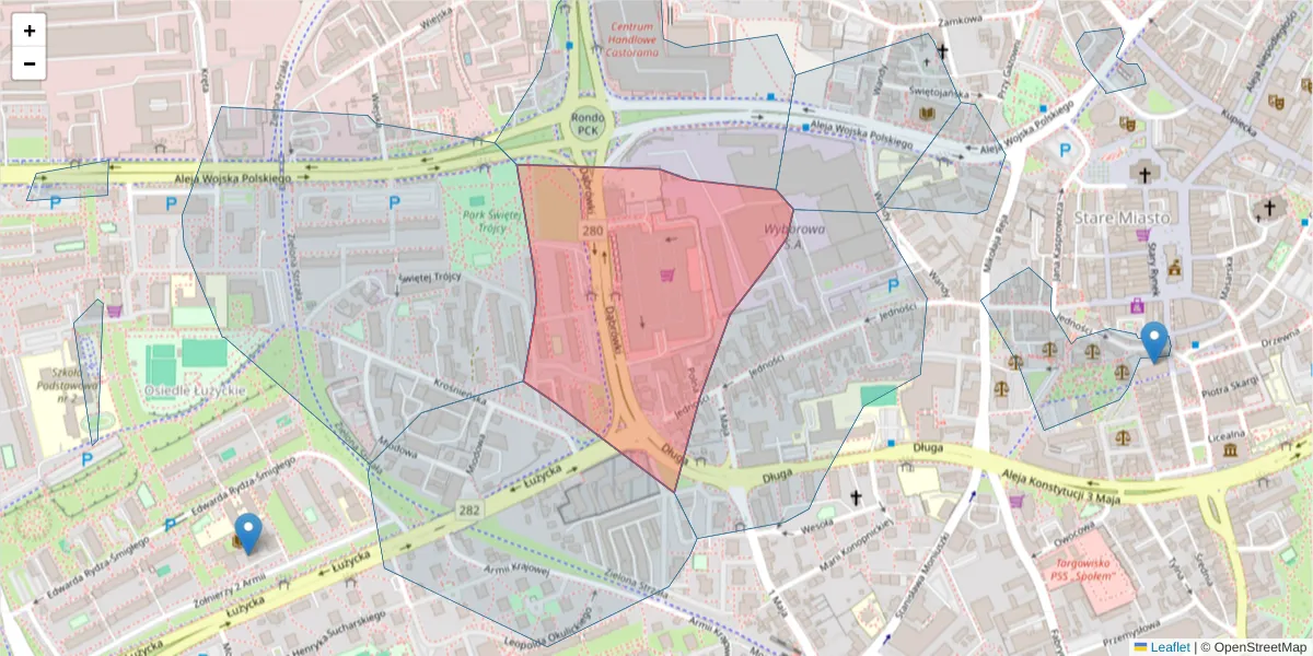 Szczegółowa mapa kodu pocztowego 65-096 z granicami, sąsiednimi kodami pocztowymi i urzędami pocztowymi