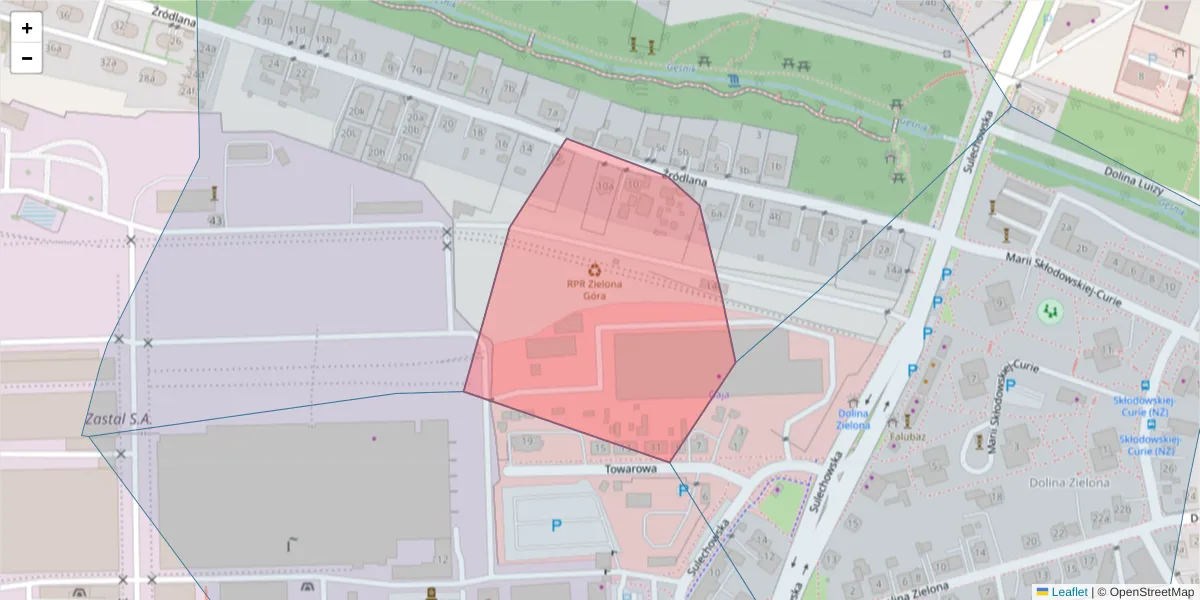 Szczegółowa mapa kodu pocztowego 65-106 z granicami, sąsiednimi kodami pocztowymi i urzędami pocztowymi