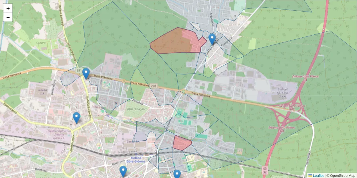 Szczegółowa mapa kodu pocztowego 65-124 z granicami, sąsiednimi kodami pocztowymi i urzędami pocztowymi