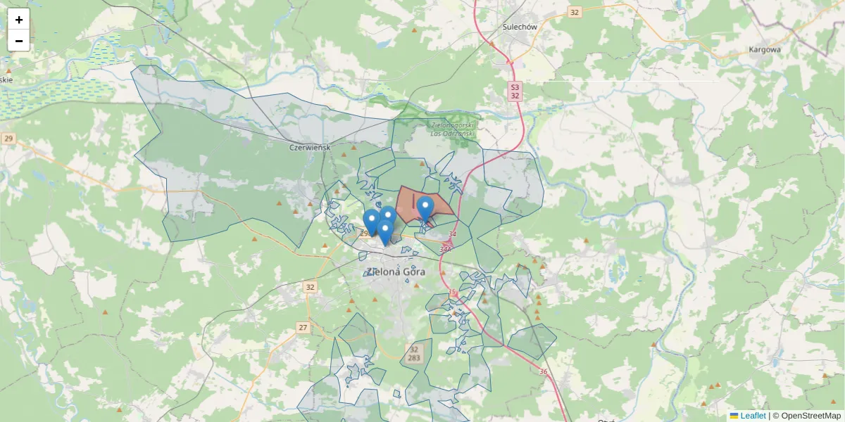 Szczegółowa mapa kodu pocztowego 65-128 z granicami, sąsiednimi kodami pocztowymi i urzędami pocztowymi