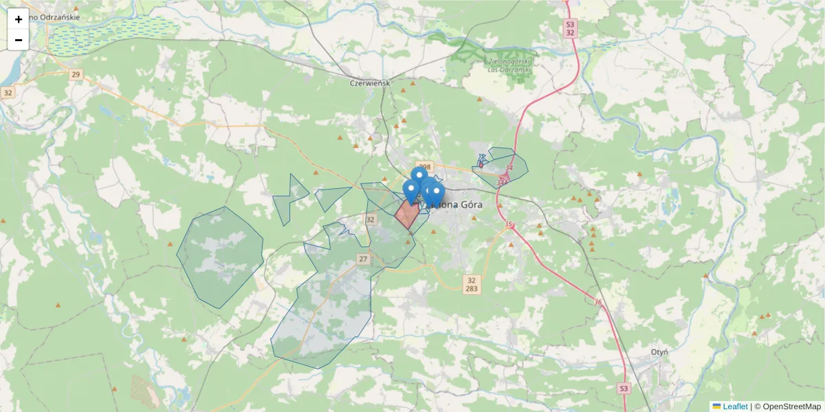 Szczegółowa mapa kodu pocztowego 65-140 z granicami, sąsiednimi kodami pocztowymi i urzędami pocztowymi