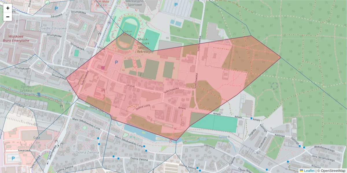 Szczegółowa mapa kodu pocztowego 65-147 z granicami, sąsiednimi kodami pocztowymi i urzędami pocztowymi