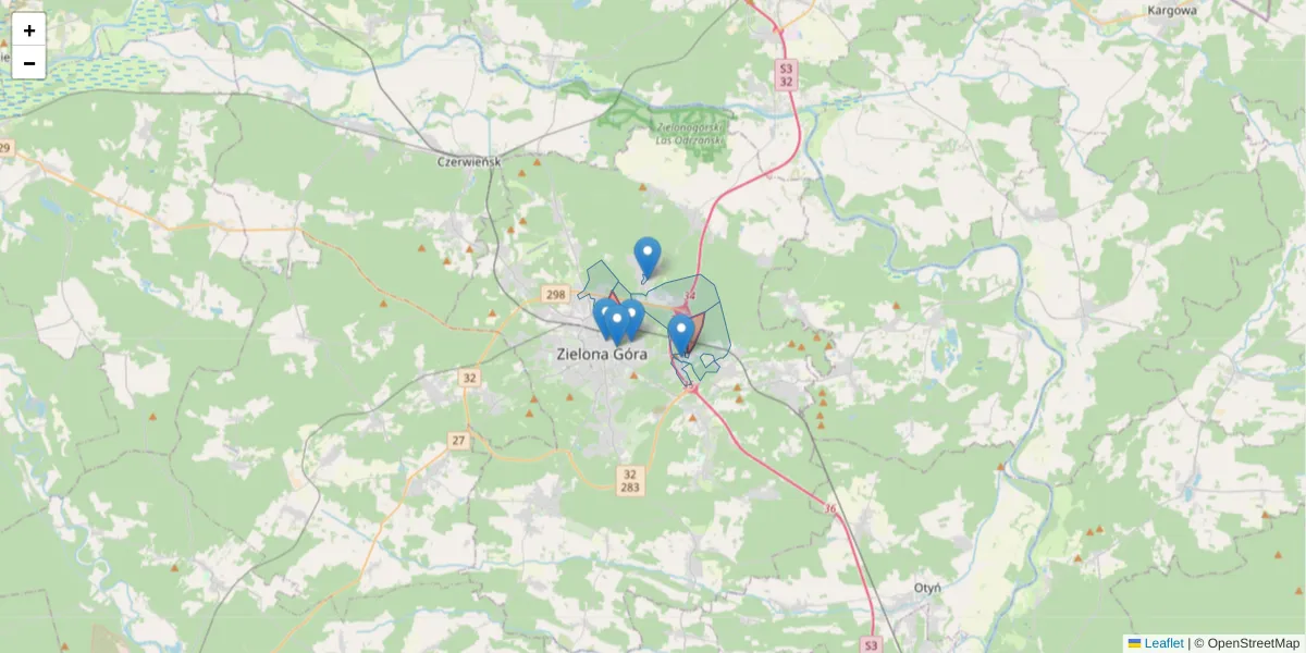 Szczegółowa mapa kodu pocztowego 65-153 z granicami, sąsiednimi kodami pocztowymi i urzędami pocztowymi