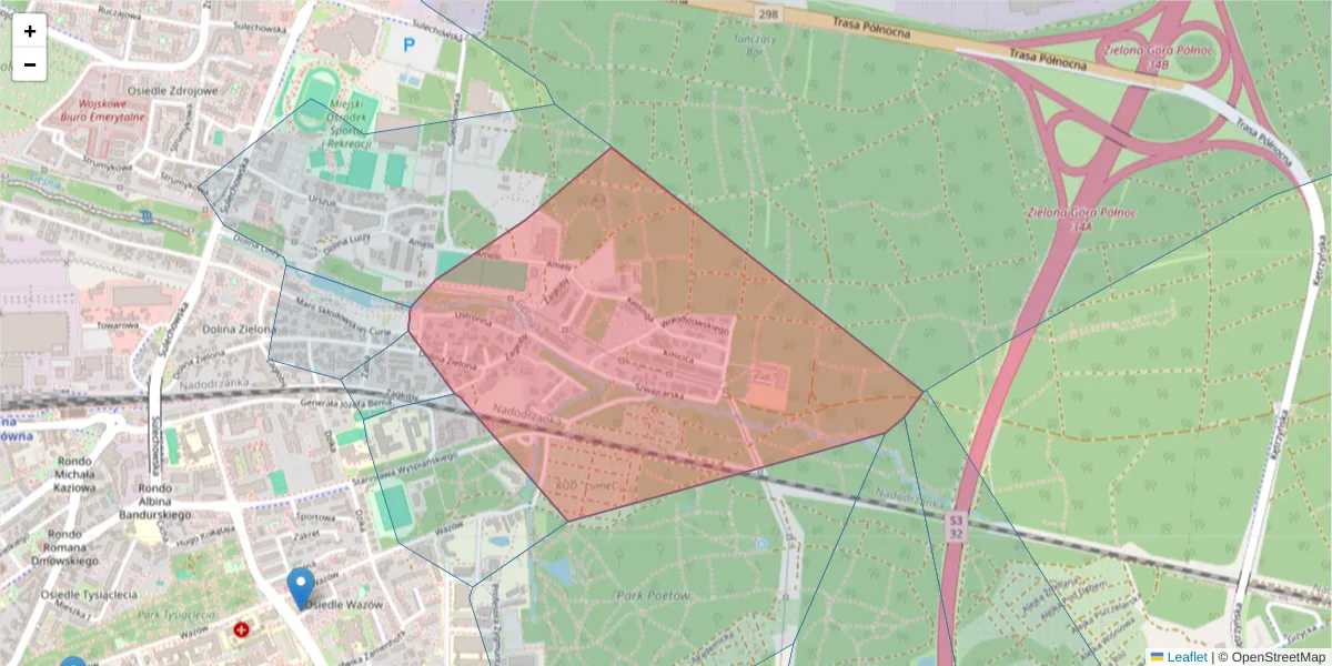 Szczegółowa mapa kodu pocztowego 65-154 z granicami, sąsiednimi kodami pocztowymi i urzędami pocztowymi