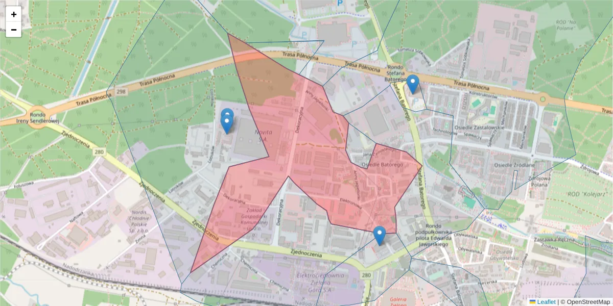Szczegółowa mapa kodu pocztowego 65-155 z granicami, sąsiednimi kodami pocztowymi i urzędami pocztowymi