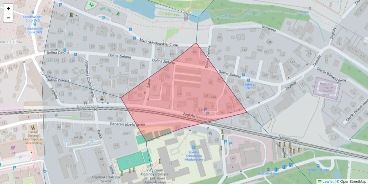Szczegółowa mapa kodu pocztowego 65-167 z granicami, sąsiednimi kodami pocztowymi i urzędami pocztowymi