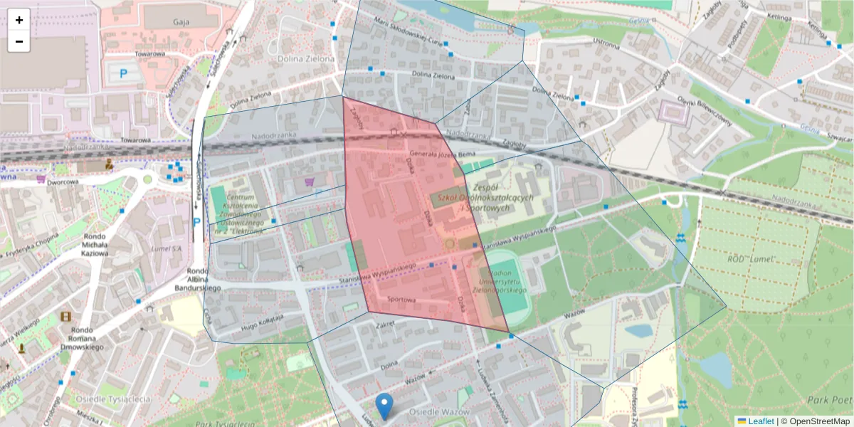 Szczegółowa mapa kodu pocztowego 65-181 z granicami, sąsiednimi kodami pocztowymi i urzędami pocztowymi
