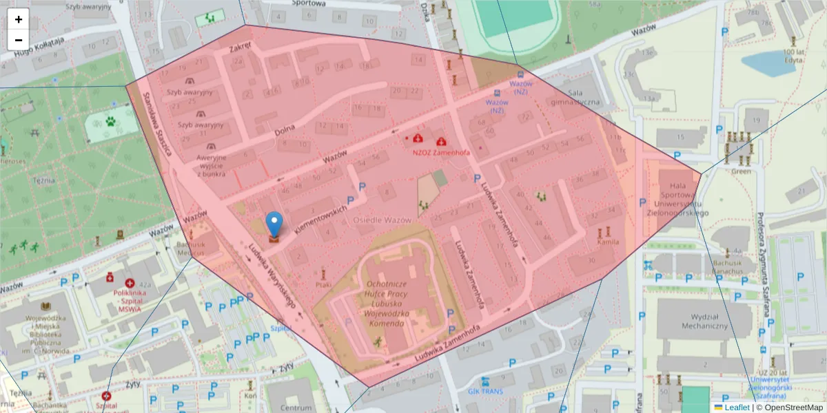 Szczegółowa mapa kodu pocztowego 65-182 z granicami, sąsiednimi kodami pocztowymi i urzędami pocztowymi